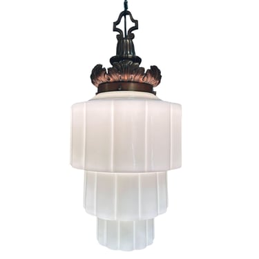 Art Deco Era Ornate Brass Pendant Light w/ Stepped Milk Glass Skyscraper Shade 