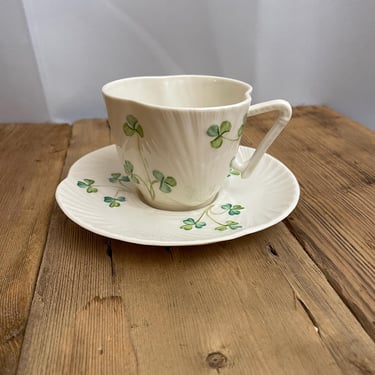 Vintage Belleek Irish Tea Cup Saucer Harp Handle Shamrocks Clover Lucky Ireland 