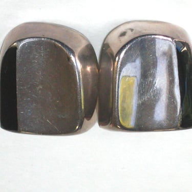 925 Taxco Mexican Sterling Silver Clip Earrings Black Onyx Inlay; Vintage Modernist TH 82 
