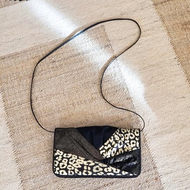 Vintage 1980s Sharif Black Leather Leopard Gold Metallic Suede Clutch Snakeskin Animal Print Shoulder Bag 