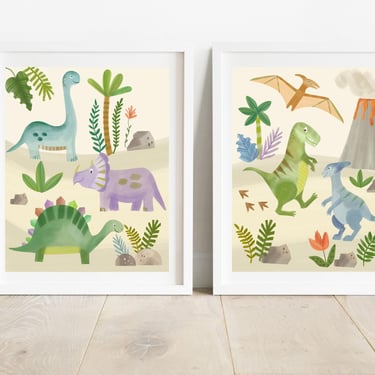 Pastel Dinosaur Landscape Set of Two 8 x 10 Art Prints/ Prehistoric Kids Bedroom Wall Decor/ Science Themed Nursery Illustration 