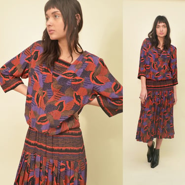 Vintage 70s 80s Dress Floral Midi drop waist Red Purple Psychedelic Pattern s/m 