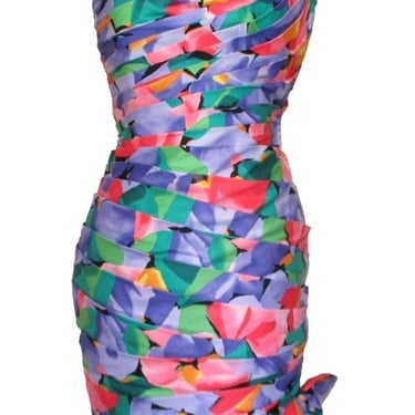 Vintage 1980s A.J. Bari Strapless Dress, Strapless, XS Women, Bow Detail, Floral Print Cotton 