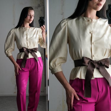 Vintage 80s AJ BARI Ivory Moire Silk Taffeta Crop Peplum Poof Shoulder Bracelet Sleeve Blouse | Made in USA | 1980s Designer Victorian Top 