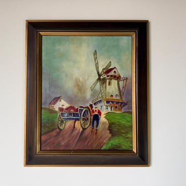 Vintage Jara Country European Farm Landscape Oil on Canvas Painting – Framed 
