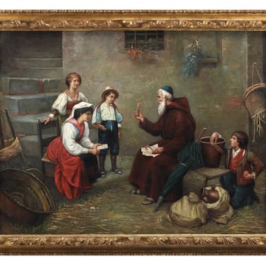 Oil Painting, "A Lesson in Scripture", Framed, After Francesco Bergamini, Vinage!!
