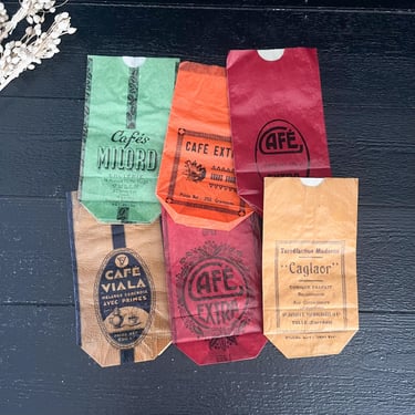 Set of 6 Vintage French Coffee Bags from 1950s Grocery Stock, Retro Kitchen Decor, Glassine Bags French Epicerie, Advertising Bags 