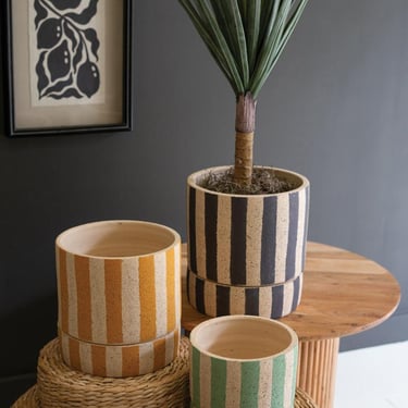 Large Striped Clay Planter with Tray