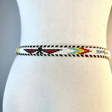 Vintage beaded leather belt~ Thunderbird NA inspired  southwestern tourism belt 60’s era/ size SM/ M gender neutral 