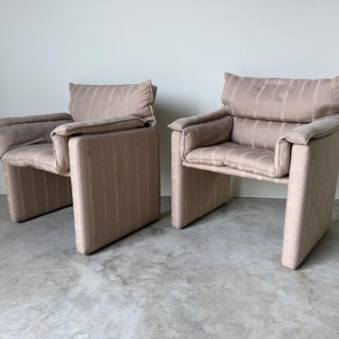 1980s Italian Postmodern Fully Upholstered Lounge Chairs on Casters – A Pair 