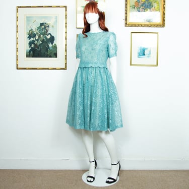 Vintage 1980s Blue Midi Lace Dress With Short Sleeves And Shoulder Pads Size S UK 8 