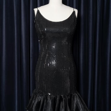1980s Morton Myles Black Sequin Sheath Dress with Chiffon Ruffle Hem 