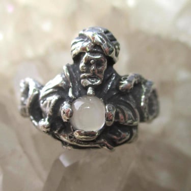 Genie Ring w/ Moonstone Crystal Ball -Sterling Silver- Hand Cast Size 9 1/2 
