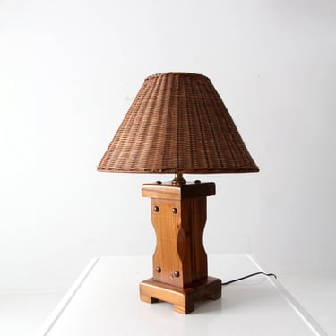 vintage wooden lamp with wicker shade 