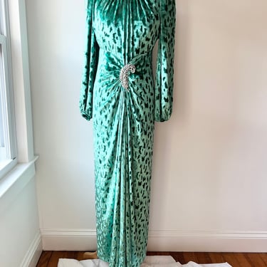 1980s Oscar de la Renta green Velvet evening dress med, Velvet silk embossed leopard animal print designer gown 