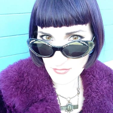 Vintage 1960’s French Rhinestone Embellished Metallic Gold and Black Striped Cat Eye Sunglasses - Made in France 