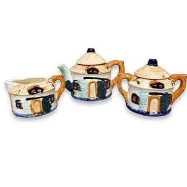 Vintage Thatched House Teapot Sugar & Creamer Tea Set, 5pc Ceramic Cottage Ware, Japan 