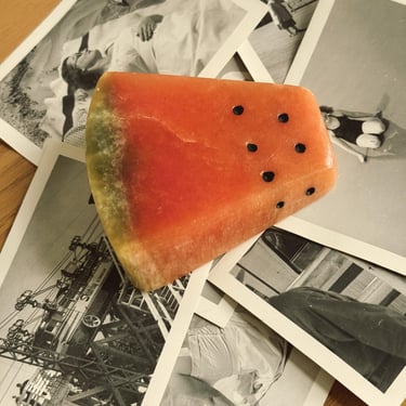 Carved Stone Watermelon Slice Sculpture | Pink Alabaster Soapstone | Decorative Object | Shelf Decor | Novelty Fruit Art | Fruit Collectible 