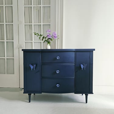 Moody blue dreamy console, hall table. Skinny buffet.  Vintage cabinet art deco inspired mid century modern.  Vintage dresser NJ nyc 