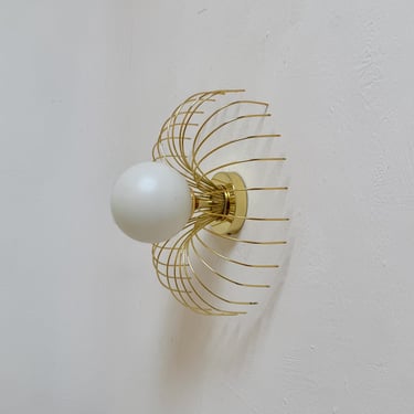 Vintage Brass & White Globe Ceiling or Wall Light / Italian Mid Century Modern Sputnik Sconce / Sculptural Flush Mount Lamp / 1980s 