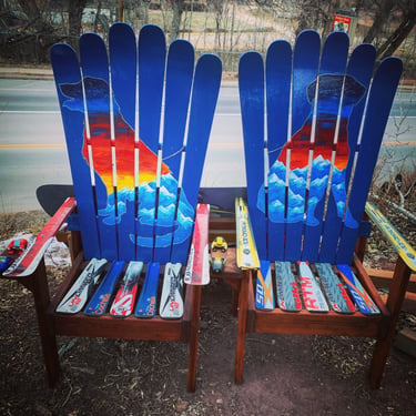 Set of 2 - Sunset Mountain Lab & Retriever Mural Hand painted Ski Chair, deck chairs, mountain living, Labrador, Golden Retriever 