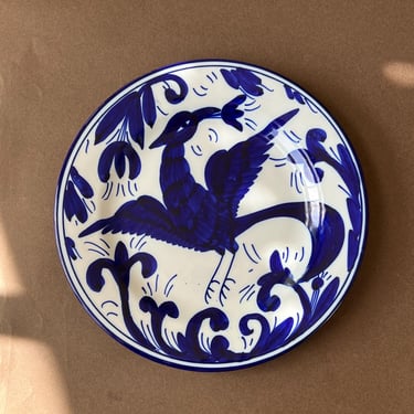 Vintage Spanish Hand-Painted Ceramic Plate — Cobalt Blue Bird Design, Large 31cm Charger 