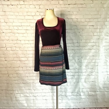 1980s Blanket Wrap Skirt • Mini • Southwestern Boho Chic • Earthtone • Blue Pink Green Purple Black • 26 Waist • Autumn / Winter • USA 