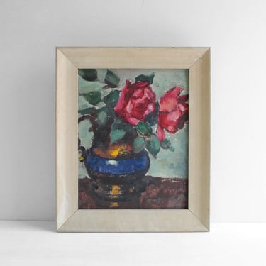 Vintage Original Still Life Oil Painting of Pink Flowers in a Blue Vase 