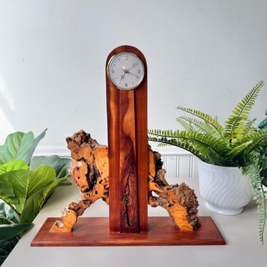 Vintage 1960s Wooden Burl Tabletop or Mantel Clock, MCM Mid Century Wood Clock, Midcentury Handmade Clock, Ontario, Germany 