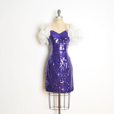 vintage 80s prom party dress Loralie purple sequin short mini ruffle cocktail M 