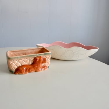 Vintage Shawnee MCM Boat Vessel Pink Planter. Mid Century Retro Dog Schnauzer Ceramic Vessel Planter. 1028 Shawnee Pottery Planter Set of 2. 