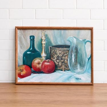 Vintage Still Life Oil Painting Framed Original Canvas Art Apples Glass Pitcher Mid Century Tabletop Decor Ornate Brass Candlestick Wall Art 