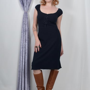 Vintage 1990s Dress / 90s Betsey Johnson Cotton Jersey Lace Up Dress / Black ( M medium ) 