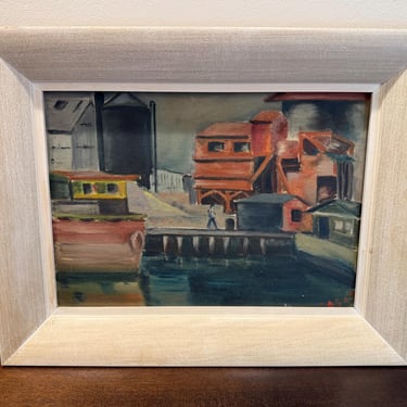 Vintage Industrial Harbor Oil on Board Painting Signed 1960s 