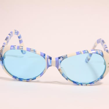 1960s Blue, White and Clear Plastic Round Circle Mod Blue Tint Lens France Sunglasses 