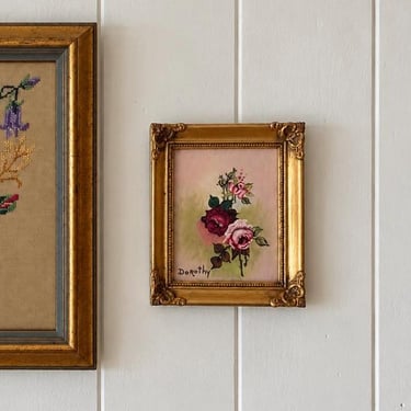 Vintage  Framed Small Oil Painting of Roses Signed by Dorothy Schwanz 