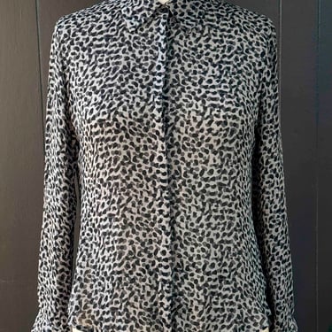 Pre-Loved Brooks Brothers Grey and Black Print Button Long Sleeve Blouse - Size L