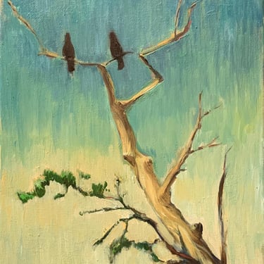 Two Crows-Original Oil Painting-Oil on Canvas-Nature Painting-One of a Kind-Abstract-Blue-Yellow-Retro-Wall Art-Wall decor-Angela Ooghe 