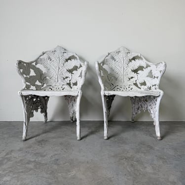 Pair of Palm Beach Hollywood Regency Cast Aluminum Outdoor Chairs With Fern Motif 
