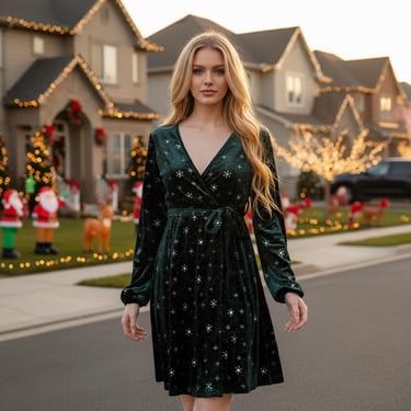 Emerald Green Velvet Christmas Dress, Sparkling Snowflakes, Hand Embellished Rhinestones, Holiday Party, Empire Waist 