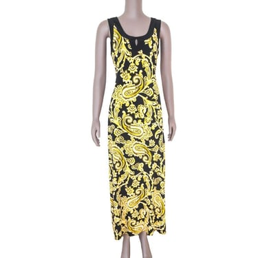 Black Yellow Paisley Maxi Dress Sleeveless Boho Resort Y2K Medium 