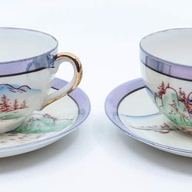 Vintage 1928-1946 Chikaramachi Painted Mountains Ceramic Cups & Saucers Set of 2 