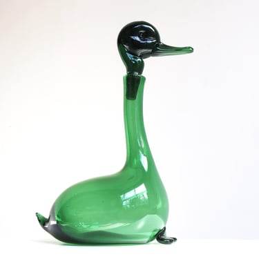 A Collectible Mid-Century Italian Empoli Verde Glass Duck Decanter – Handblown Art Glass 