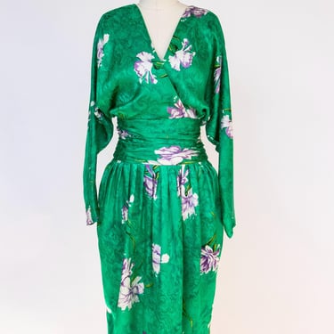 1980s Dress Silk Emerald Floral Cocktail Long Sleeve M 