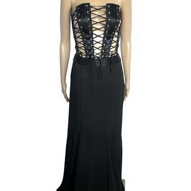 Vintage Y2K Black Lace Up Beaded Corset Mermaid Hem Gown - size Medium to Small 