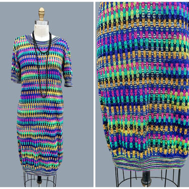 MISSONI 80s/90s Vintage Knit Dress | 1980s 1990s Long Stretchy Bright Dress | Stripe, Designer, Made in Italy | Size Medium 