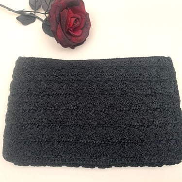 Vintage 1940s Oversized Black Crocheted Cord Clutch Handbag Zipper Top, Vintage Black Cord Handbag 