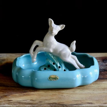 Vintage Rosemeade Deer Vase, MCM Spring Decor, White Doe Flower Frog & Blue Console Bowl, Collector Gift, Elegant Centerpiece, Grannycore 