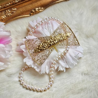 Vintage Gold Tone Filigree Bow Barette / Victorian Revival / Hair Clip / Hair Accessories / Ornate / Glam / Made in France 