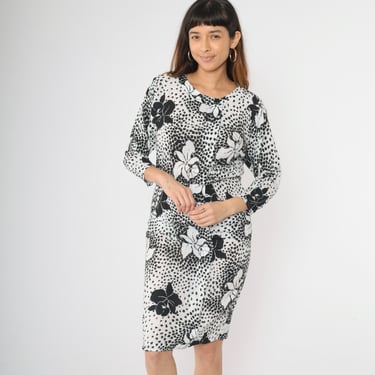 80s Black White Floral Dress Tropical Print Midi Dress Long Sleeve Button Up Pencil Dress Vintage High Waisted 1980s Small S 